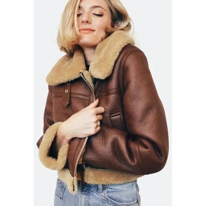 Elevate Your Style with Our Women's B3 RAF Shearling Aviator Flight Jacket – Cozy Bomber Fur Coat