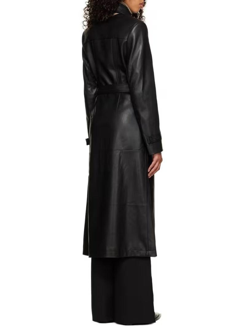 Women's Black Sheepskin Leather Trench Coat with Waist Belt