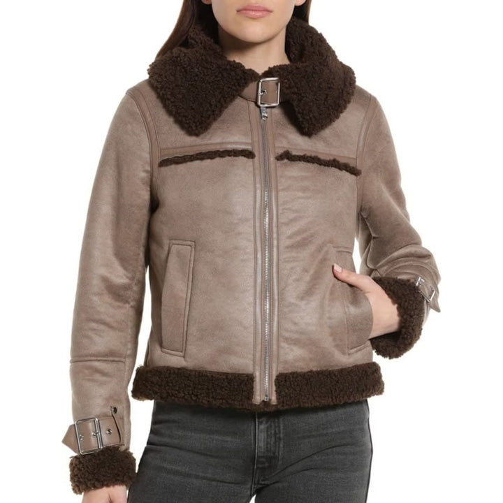 Elevate Your Style with Our Women's Shearling Aviator Leather Jacket