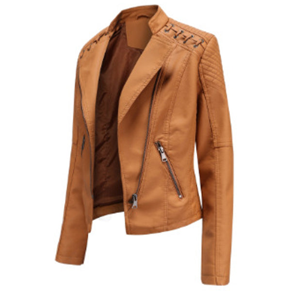 Women's Camel Sheepskin Leather Biker Jacket with Oblique Zipper