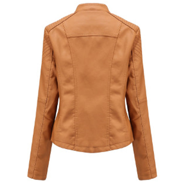 Women's Camel Sheepskin Leather Biker Jacket with Oblique Zipper