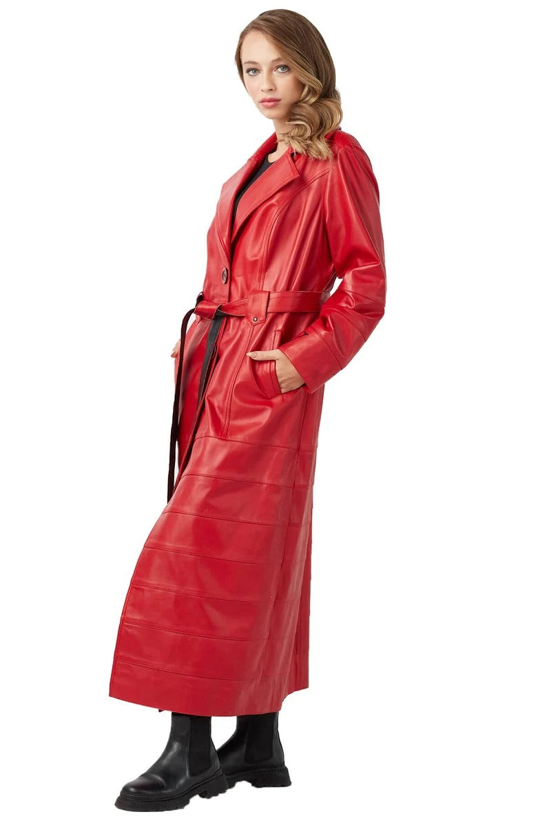 Women's Red Leather Double Breasted Trench Coat