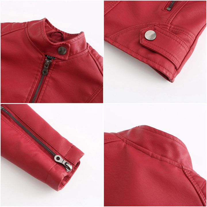 Women's Red Leather Moto Biker Zipper Jacket