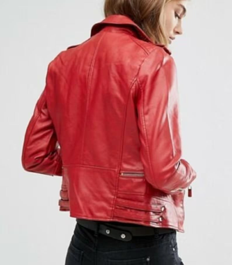 Women's Red Slim Fit Motorcycle Leather Jacket