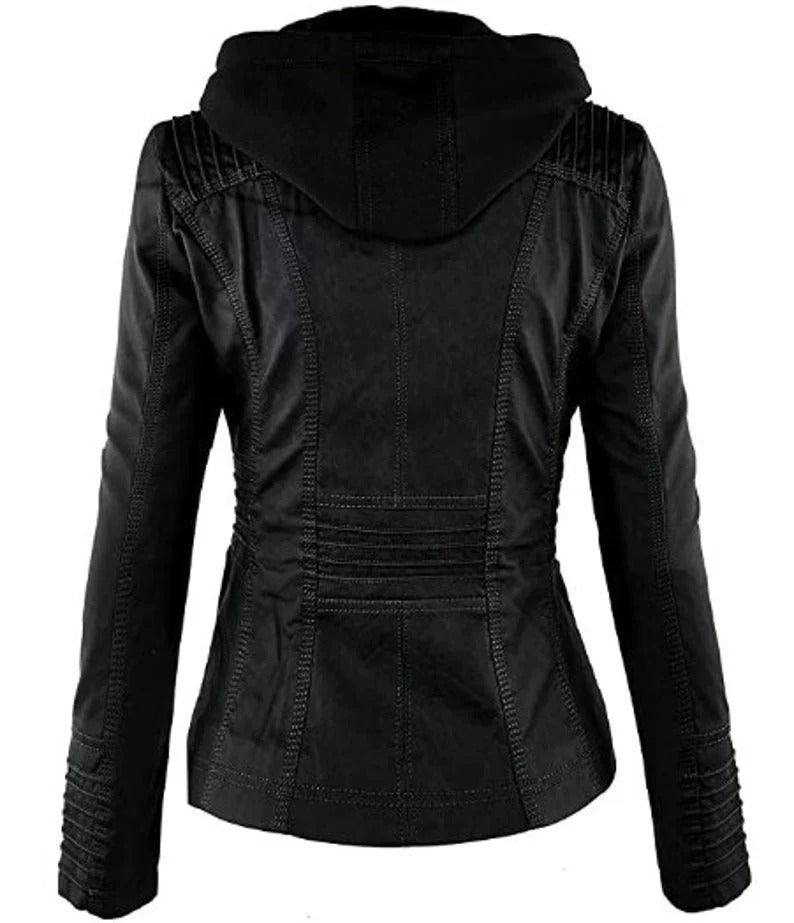 Women's Stylish Hooded Black Leather Biker Jacket