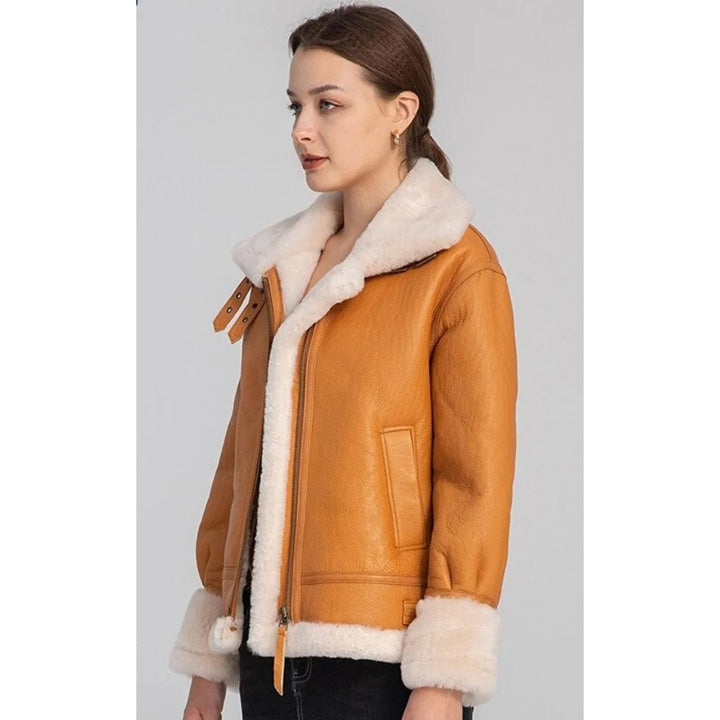 Women's Tan Brown B3 Bomber Shearling Aviator Flight Coat