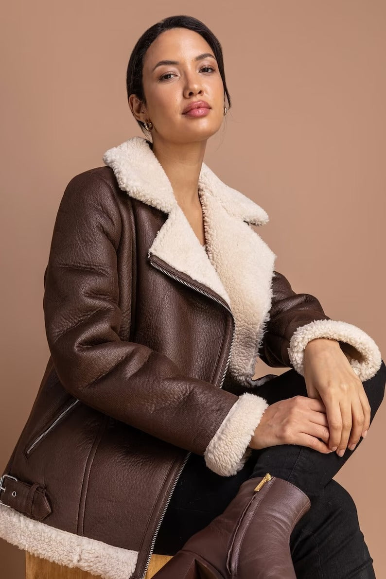 Classic Women's Brown B3 RAF Aviator Shearling Fur Bomber Jacket - Vintage Style