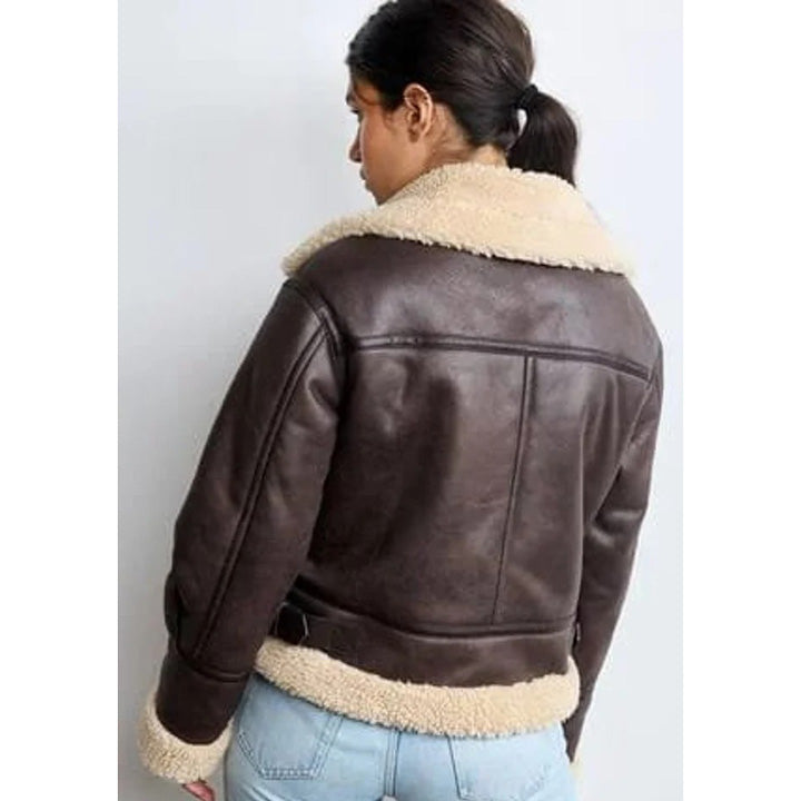 Chic Women's Vintage Brown Shearling Leather Aviator Bomber Jacket- RAF B3 Style