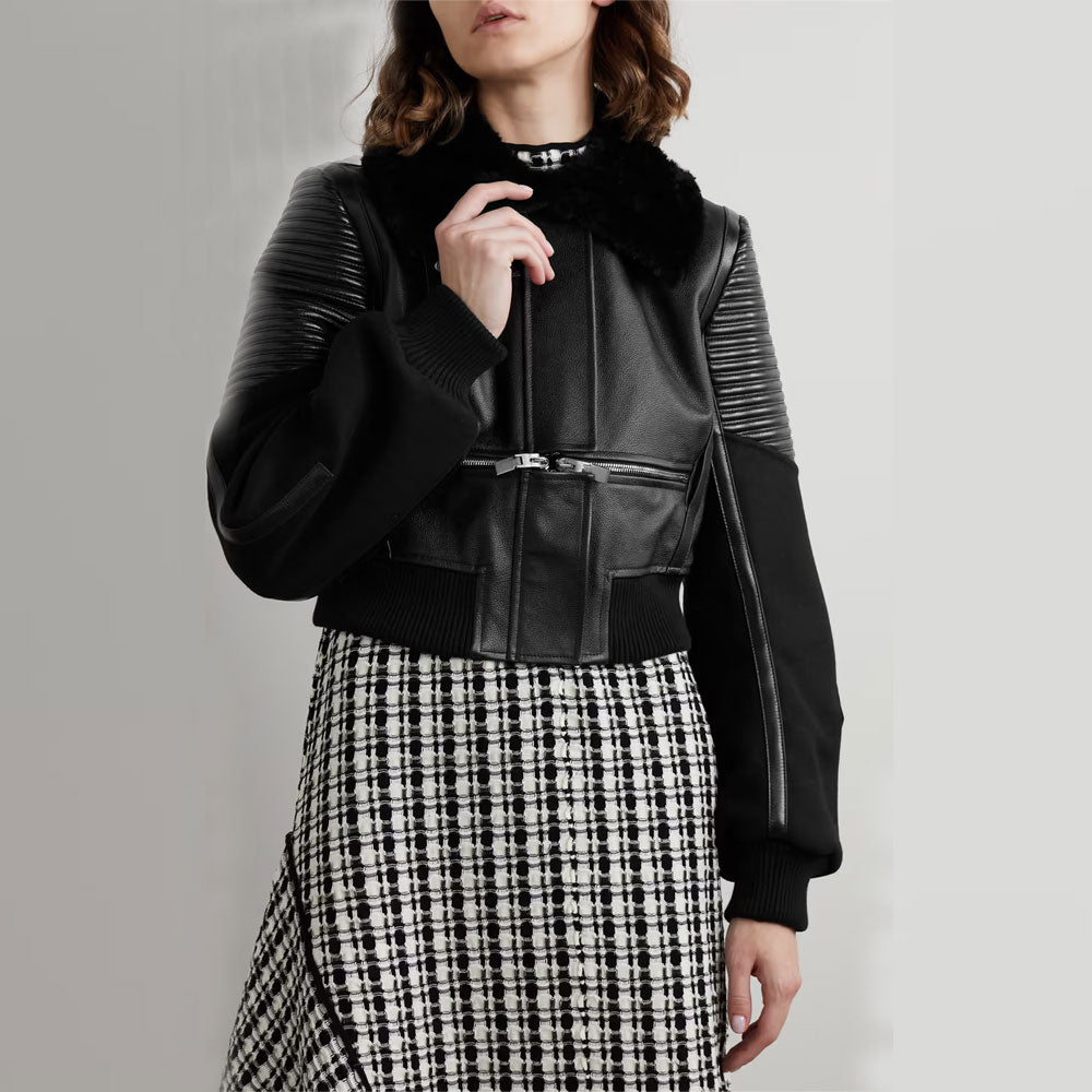 Women Black Shearling-trimmed textured-leather bomber jacket