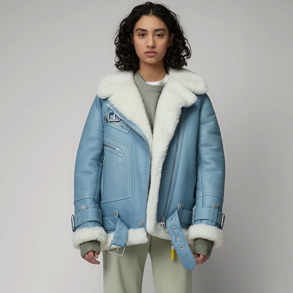 Women Light Blue B3 RAF Aviator Styled Sheepskin Shearling Leather Jacket