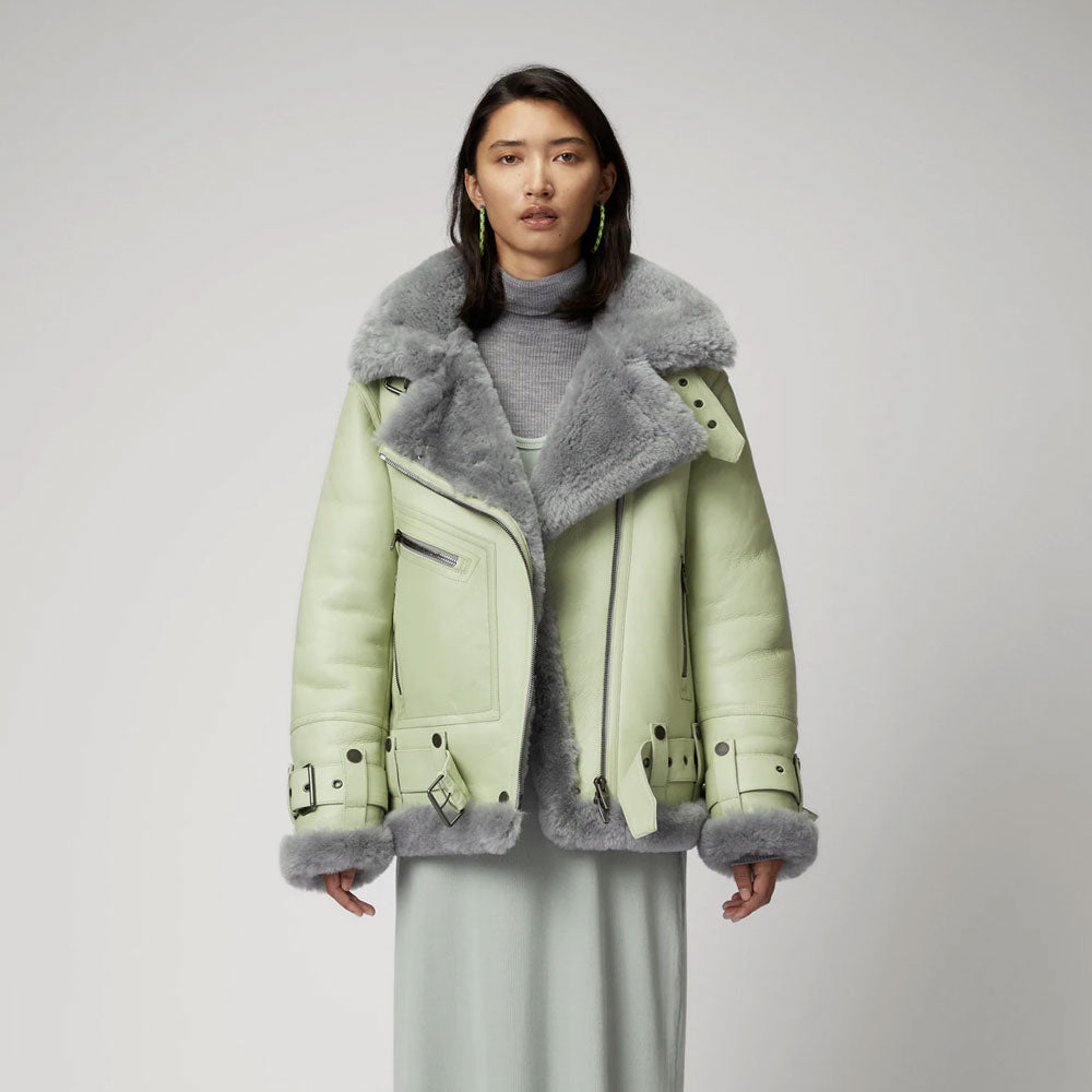 Women Green RAF Aviator  Styled Sheepskin Shearling Leather Jacket