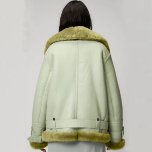 Women Light Green Aviator Styled Sheepskin Shearling Leather Jacket