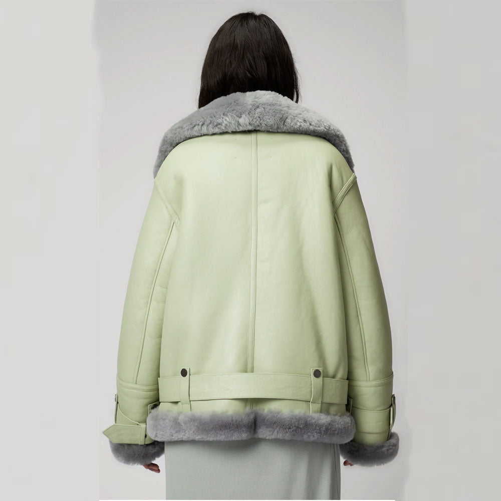 Women Green RAF Aviator  Styled Sheepskin Shearling Leather Jacket