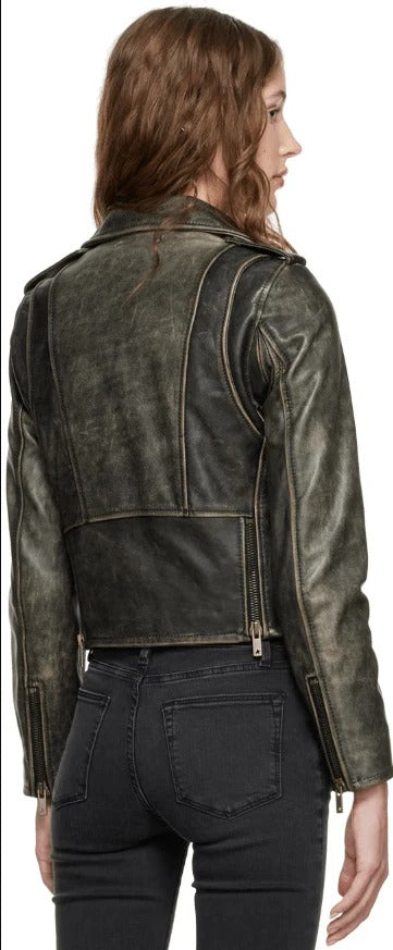 Womens Black Distressed Biker Leather Jacket with Asymmetrical Zip