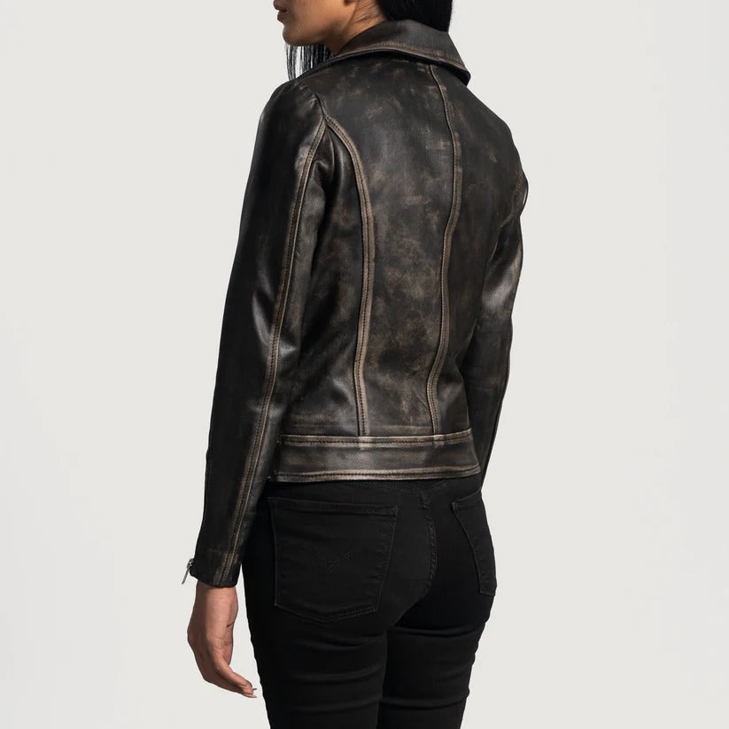 Womens Black Distressed Leather Biker Jacket