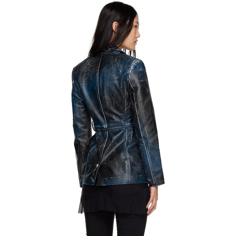 Women's Blue Distressed Leather Blazer