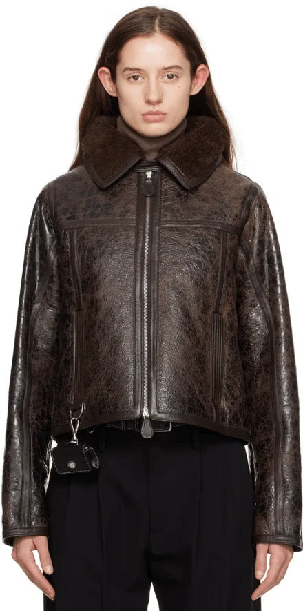 Women's Dark Brown Distressed Shearling Leather Jacket