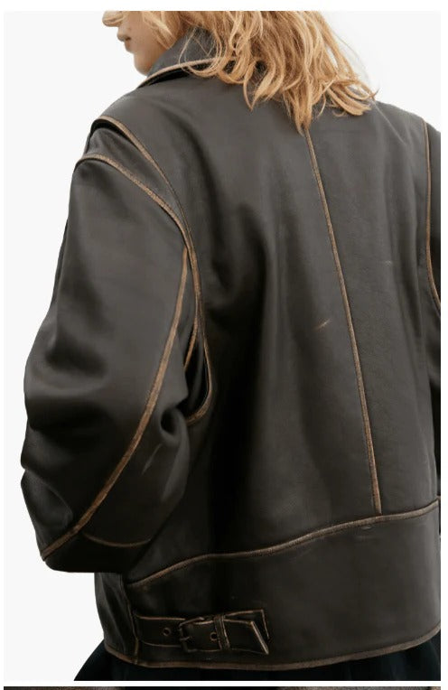 Womens Dark Brown Distressed Vintage Leather Jacket