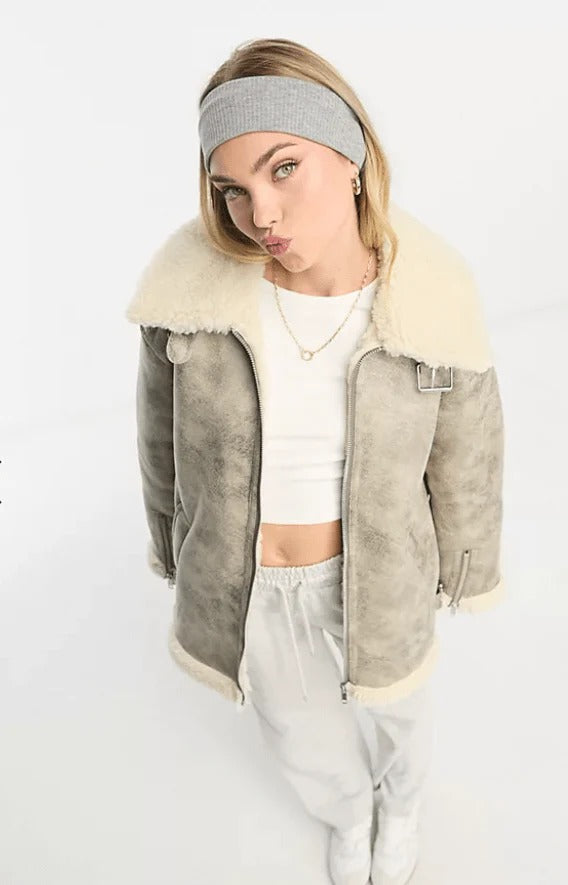 Women's White Distressed Shearling Leather Bomber Jacket