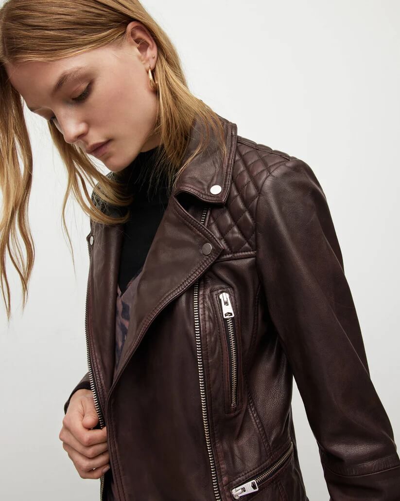 Women's Mahogany Red Distressed Biker Leather Jacket