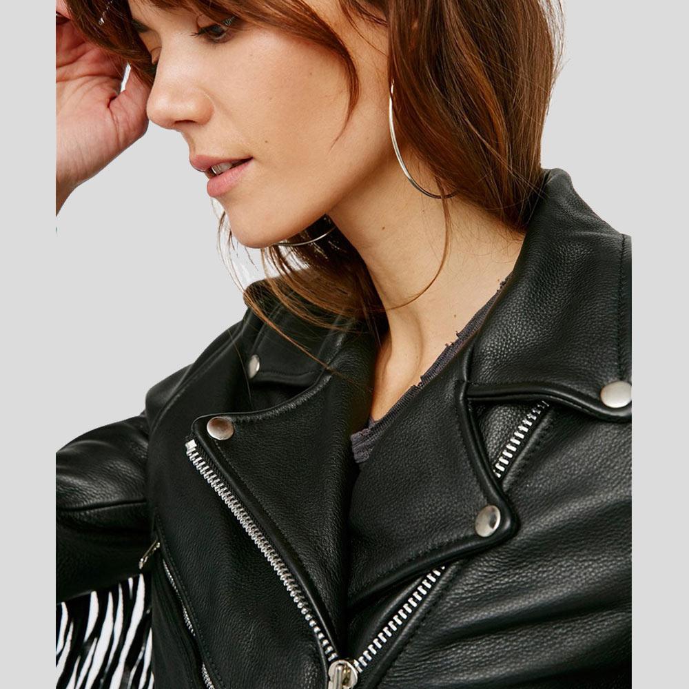 Sloane Black Biker Leather Jacket Tassels