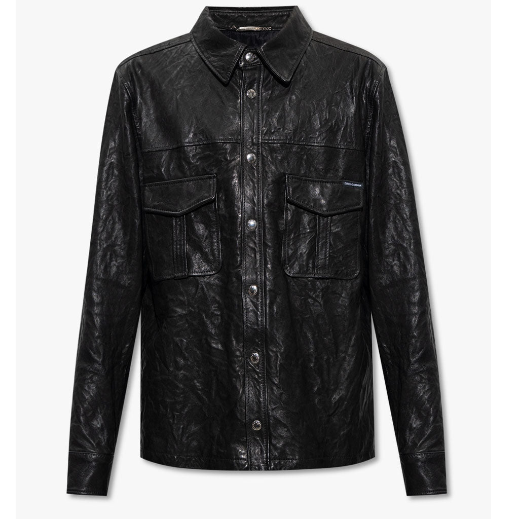 Black Creased Lambskin Leather Men's Shirt