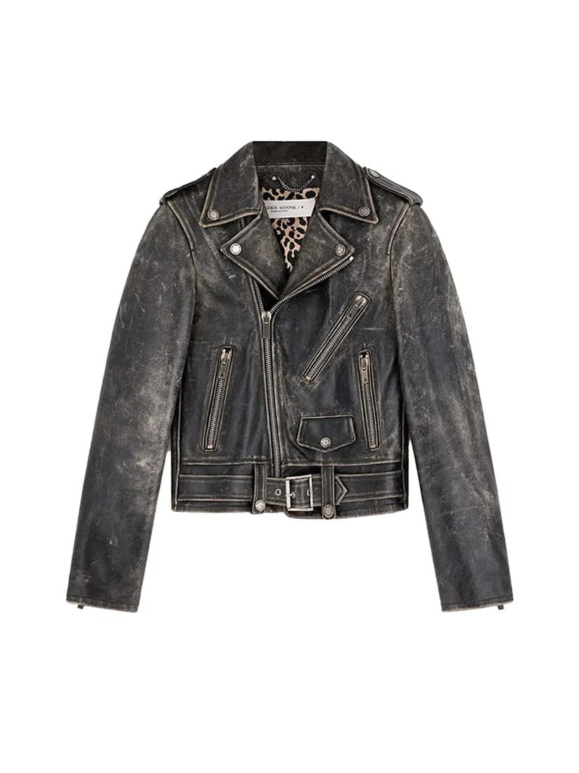 Black Distressed Biker Leather Jacket for Women