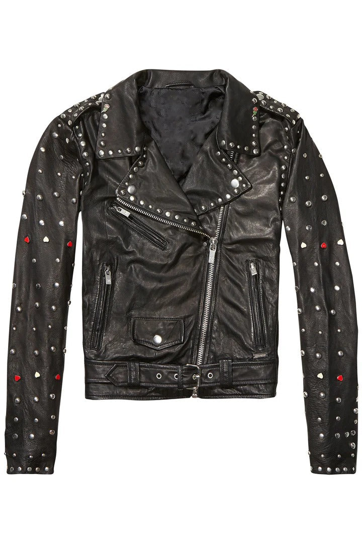 Black Women's Spiked Studded Leather Motorcycle Jacket