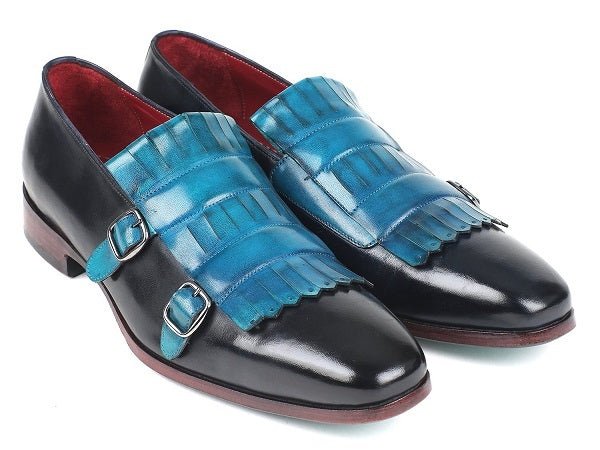 Blue and Black Monk Double Buckle Strap Fringed Patent Real Leather Derby Toe