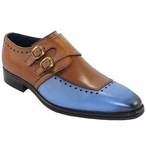 Blue Brown Monk Double Buckle Straps Original Leather Toe Men Shoes