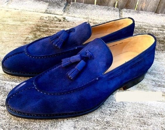 Blue Tassel Loafer Slips On Suede Leather Apron Split Toe Men's Handmade Shoes