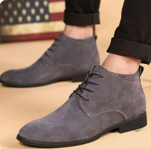 Handmade Men’s Gray Chukka Low Ankle Lace Up Dress Boots, Real Suede Office