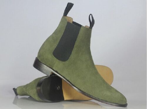 Handmade Men's Green Suede Ankle High Chelsea Boot