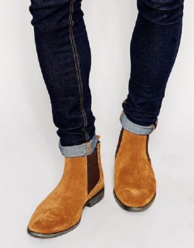 Handmade Men Rock style Tan suede Chelsea Boot