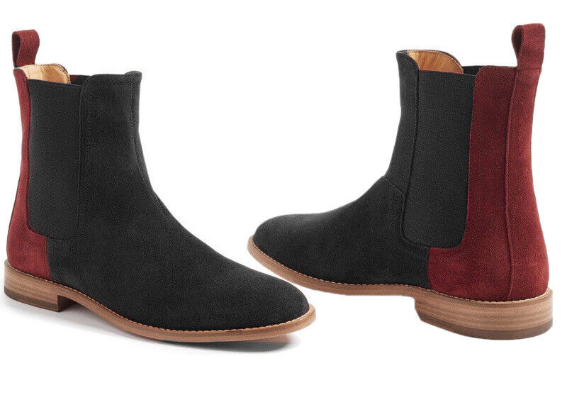 Handmade Mens black and burgundi suede chelsea boot, Mens suede abkle boot