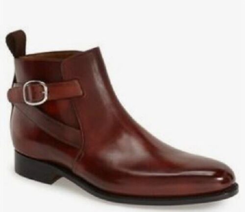 Handmade Men’s Burgundy Ankle Monk Strap Boots, Real Leather Jodhpur Boots