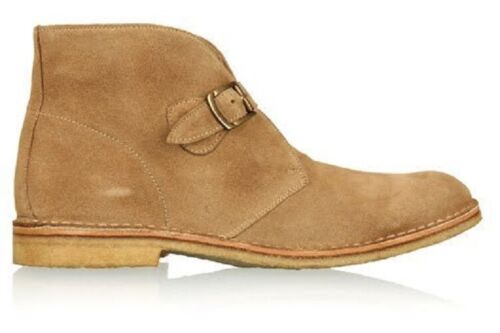 Handmade men monk strap tan color chukka boot, Mens suede boot, Men leather