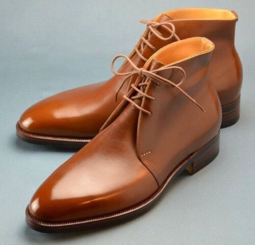 Men Chukka Brown Color Superior Leather Lace Up Pointed Plain Toe Vintage Boots