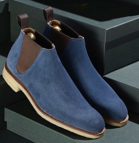 Handmade Chelsea Blue Suede Pure Leather Blue Ankle Boots for Men