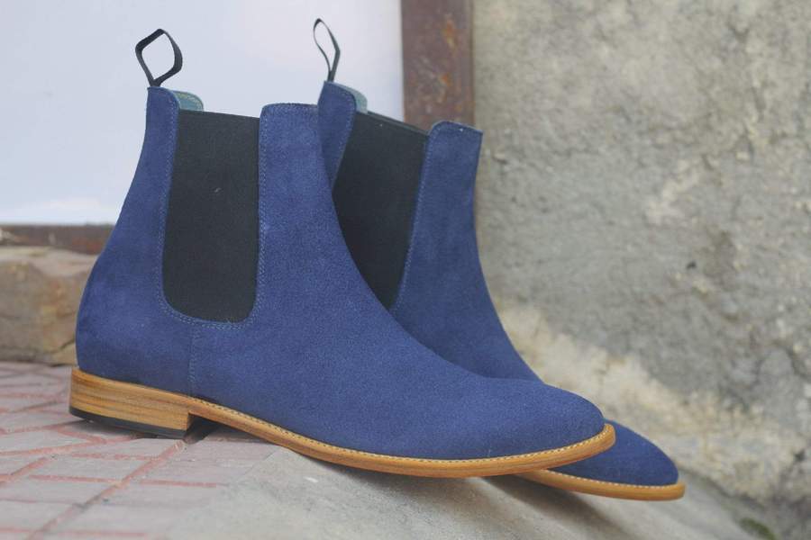 Handmade Men's Blue Suede Chelsea Boots, Men Fashion Dress Ankle High Boots