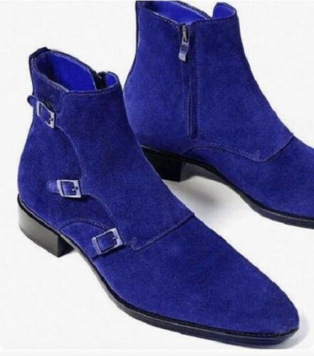 Men’s Blue Jodhpur Triple Monk Strap Dress Office Boots, Real Suede Ankle