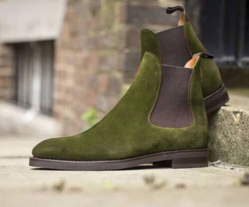 Handmade Men's Olive Suede High Ankle Chelsea Boots