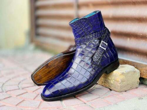 Handmade Men's Blue Textured Leather Jodhpur Boots, Men Ankle Boots