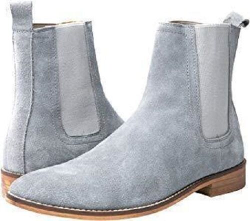 Handmade Men's Gray Suede High Ankle Chelsea Boots