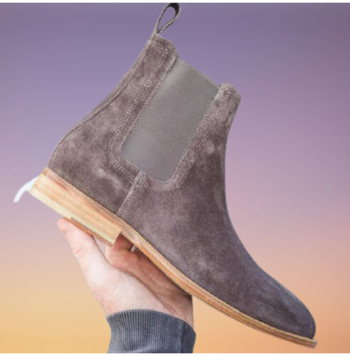 Men Handmade Gray Suede Ankle Boots With Crepe Sole, Men Gray Chelsea Boots