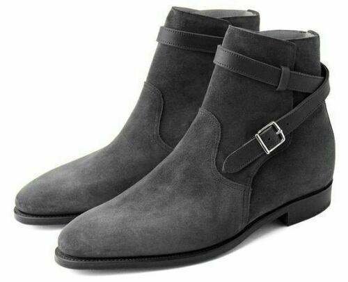 Men's Jodhpur Gray Color Suede Leather High Ankle Buckle Strap Men Boots