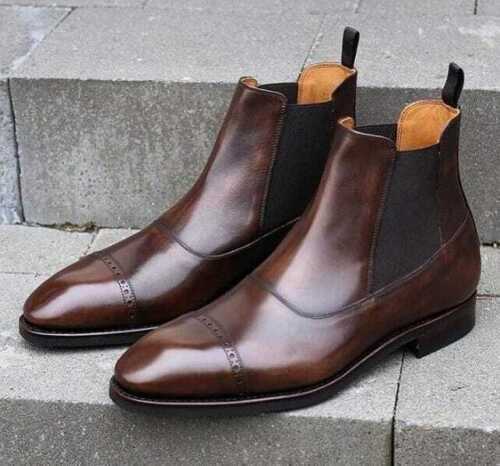 New Handmade Men's Brown Leather Chelsea Boots Cap Toe Dress Formal Shoes