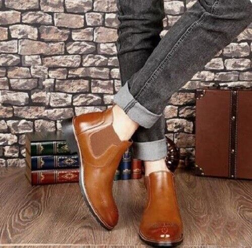 Handmade Men’s Brown Low Ankle Chelsea Dress Office Boots, Real Leather Ankle