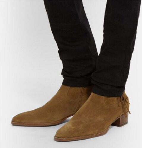 Brown Plain Rounded Toe Suede Leather Chelsea High Ankle Boots