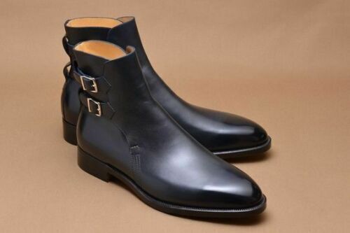 Handmade Men's Blue Leather High Ankle Monk Strap Jodhpurs Boots